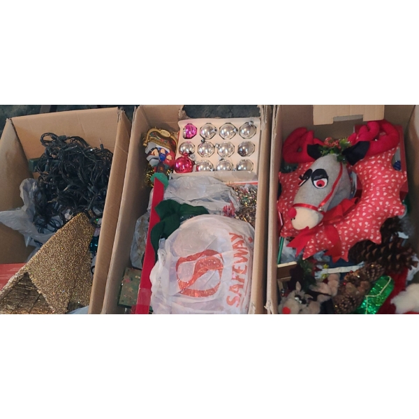 3 Boxes of Decorations: Gold "Trees"- Tallest: 24 T, Ornaments, Garland, Lights and Other Decor 