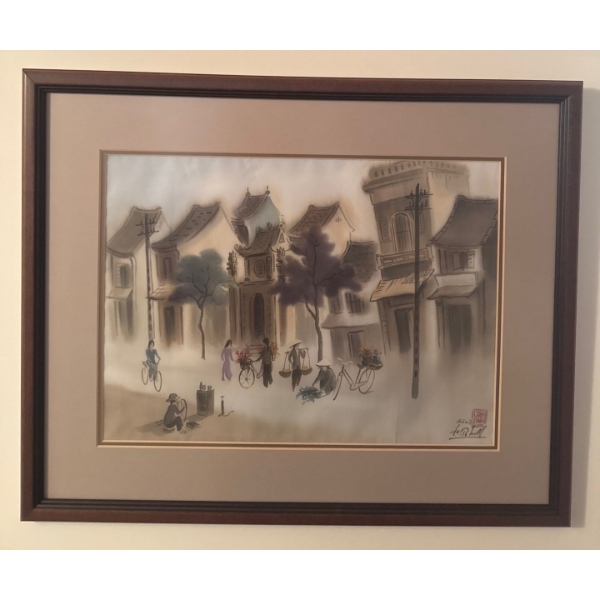 Watercolor Painting Depicting A Street Scene In Vietnam 23x19 Artist Unknown