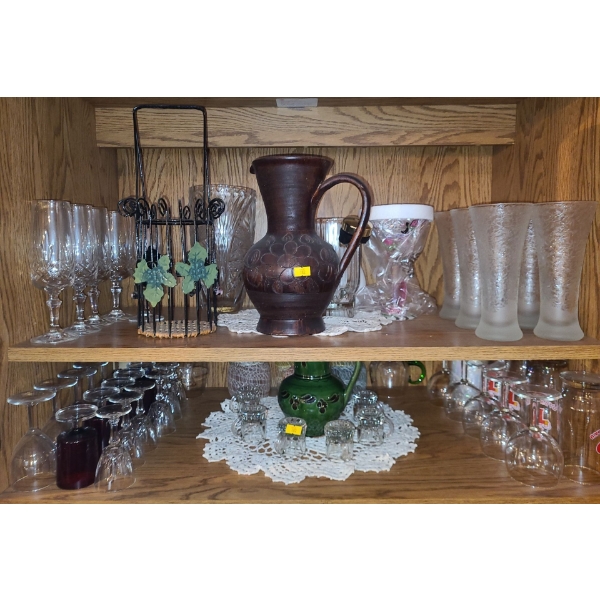 Contents of Shelf: Clear Vase 9.5 T, Wire Wine Bottle Holder, Barware (Basket Full Too) and More! 