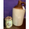 Image 1 : Two-Toned Vintage Stoneware Crock/Whiskey Jug w/Small Pottery Piece  (17"tall)