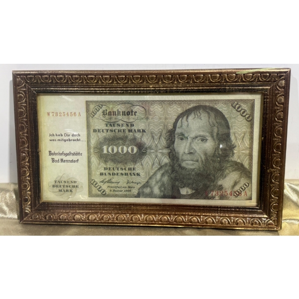 Framed Replica of 1,000 Deutsche Mark Banknote with Decorative Wooden Frame