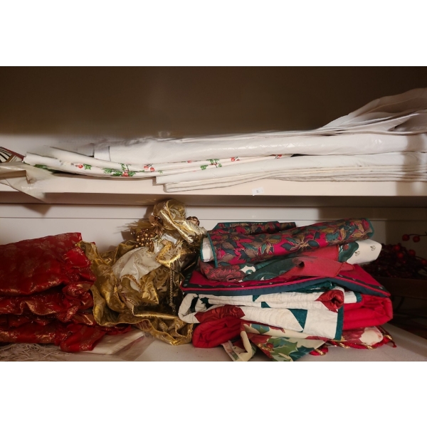 Assorted Holiday Table Decor: Tablecloths, Centrepiece Sled 5 W, 15 D, 6.5 T, Angel Topper and More!