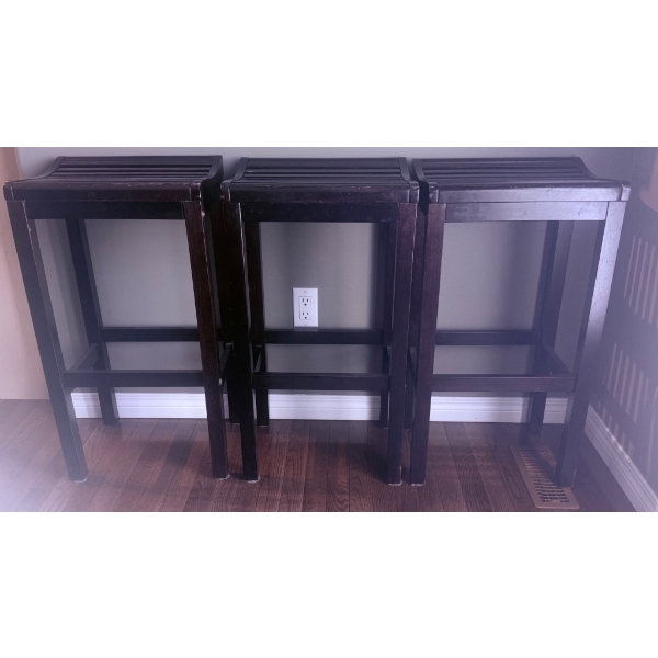 Three Wooden Bar Stools with Slatted Seats
