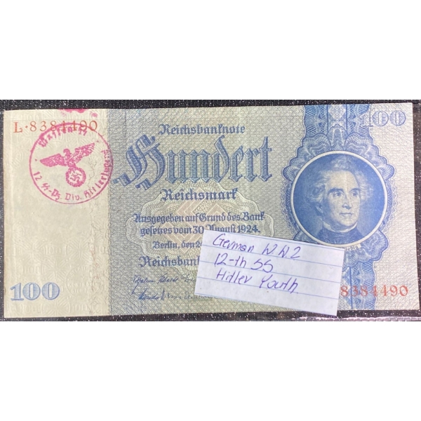 1935 German 100 Reichsmark Banknote Stamped 12th SS Hitler Youth
