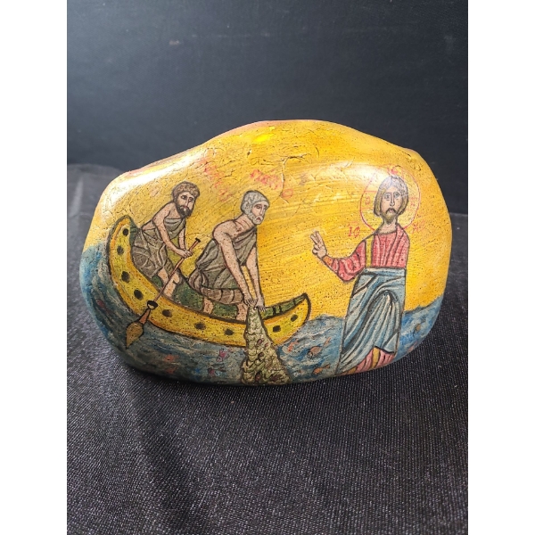 Hand- Painted Stone: Jesus and Fishermen 9 X 6