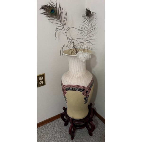 Lovely Neutrals Hand Painted Vase w/ Feathers - 29T w/ Wooden Stand 