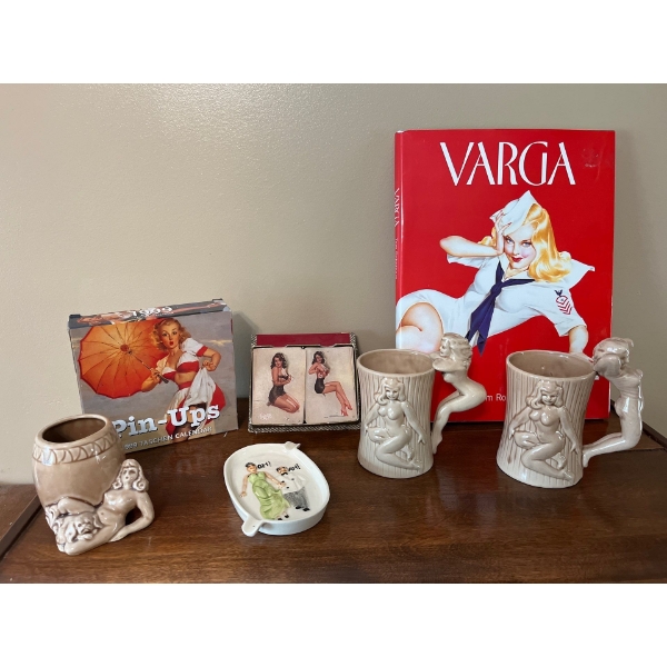 Set of vintage playing cards two mugs vintage 1960s adult female nude, glazed novelty, ceramic mugs 