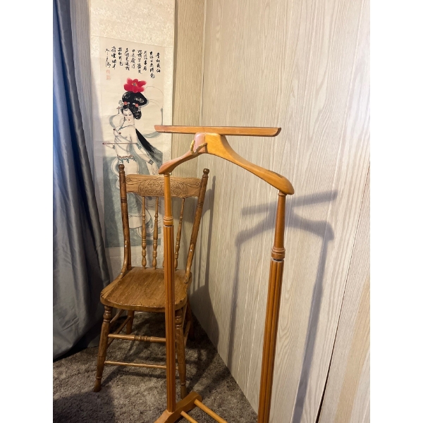  antique chair with vintage suit rack and four stage corner
shelf