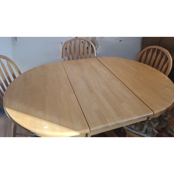 Light Finish Dining Table 59 W, 42 D, 30 T and 4 Chairs 17 W, 18 D, 38 T