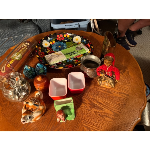 PyRex distress A hand painted flower serving tray, vintage fondue, forks, a Pyrex bake and round to 