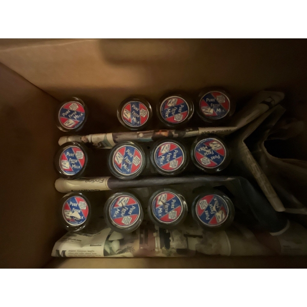 Antique Pure fresh milk jars with original paper caps. 12 in total.