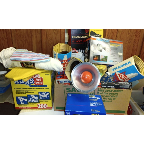 Box of Shop Towels & Large Light Bulb Collection w/ Motion Garage Lighting