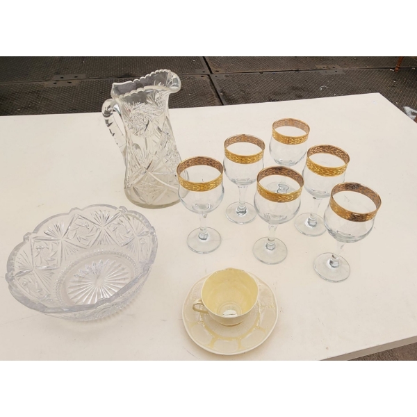 Serving up Style! - Belleek Bone China Cup and Saucer,  Cut Glass Water Pitcher, Bowl and Glasses