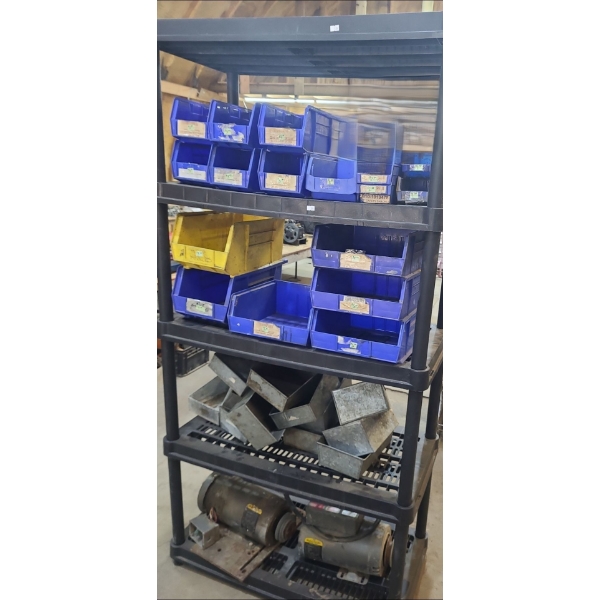 Bins, Metal Trays, Industrial Baldour Motors Stacked Neatly On Shop Shelving Unit& More