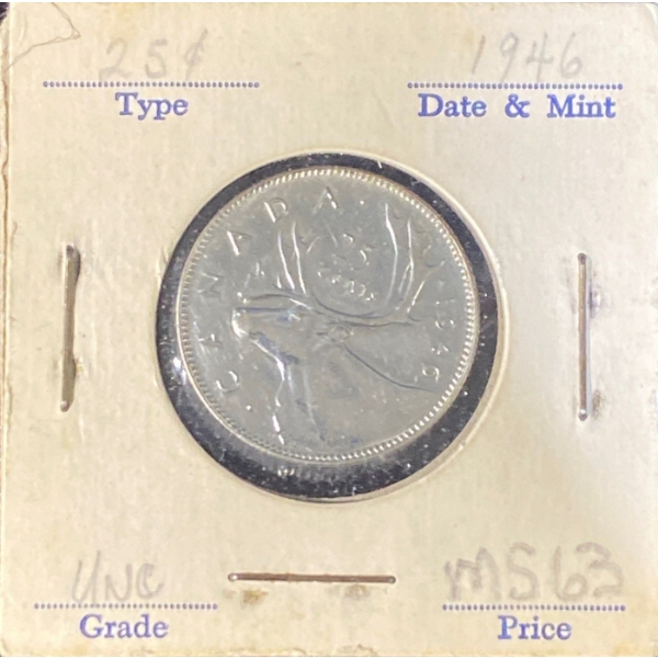 1946 MS63 UNC Canadian Quarter 80% Silver