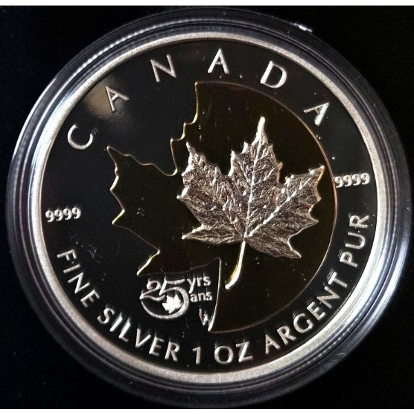 2013 $5 Silver Maple Leaf 25th Anniversary - 99.9% Fine Silver Coin with Gold Plating 
