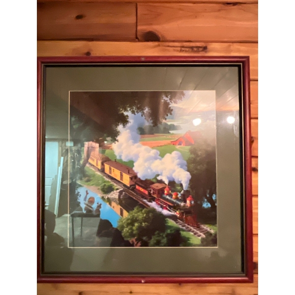 Decorative Train Art Piece, Round Mirror, Wooden Clock And Horse Picture 