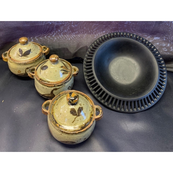 Stoneware Canister Set w/ Rare Black Serving Bowl w/ Cut Out Design