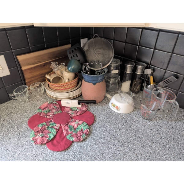Comprehensive Set of Kitchen Utensils, Dishware, and Accessories