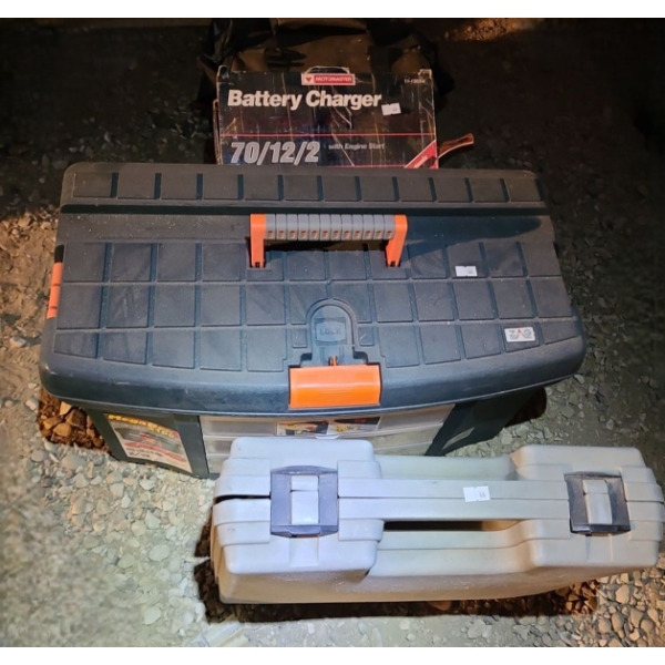 Ryobi Cordless Drill w/ Charger and Case, Toolbox, Mastercraft Battery Charger, Plano Organizer