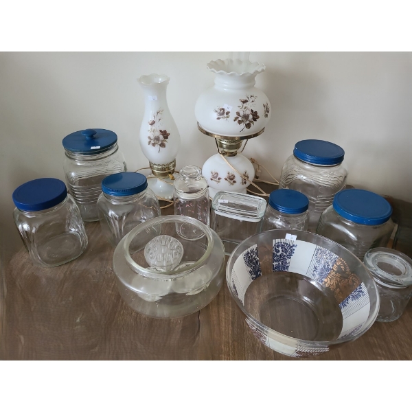 Pair of Oil Lamp Inspired Vintage Lights Tallest: 17 T, Jars with Blue Lids, and More!