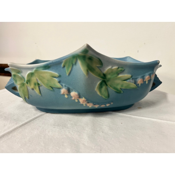 Vintage ceramic bowl is a piece of Roseville Art Pottery in the Bleeding Heart pattern. Roseville