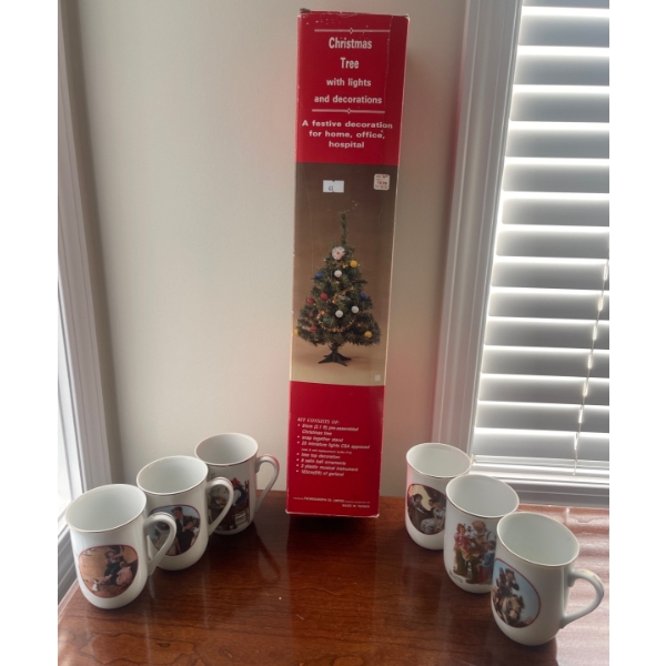 Christmas Tree Lit & Decorated & Six Norman Rockwell Mugs