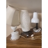 Image 2 : Lamps: Milk Glass w/ Fabric Shade 15.5 T,  Pair of Plastic Cone Lamps, Green Glass Shade 14 T