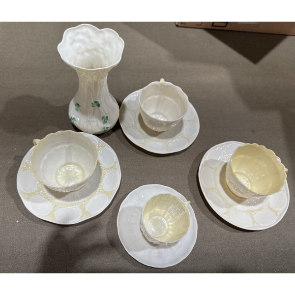 Set of Belleek China - Teacups + Saucers, Vase 