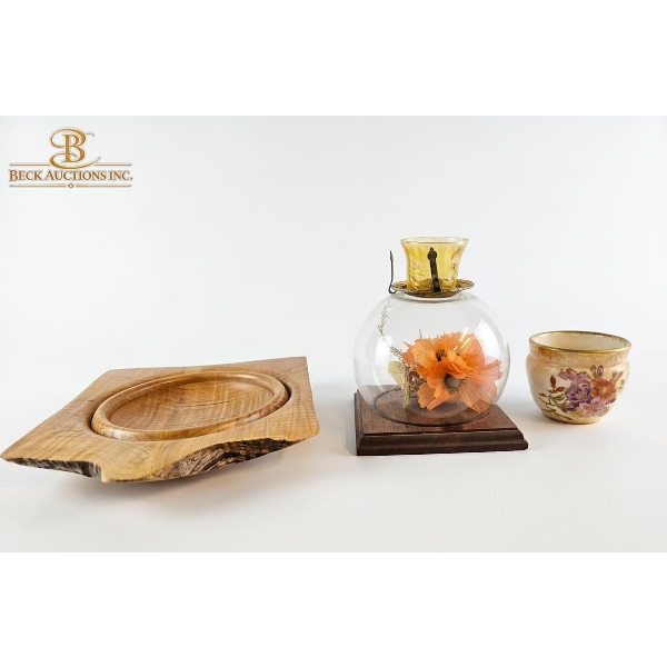 Victorian Era Floral Arrangement In Glass Cloche, Maple Burl Wooden Bowl, Royal Bonn Jardiniere Bowl