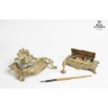 Image 2 : Vintage Art Nouveau Style Desk Set Features An Ornate Brass Inkwell Stand,  Brass Stamp Box 