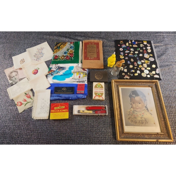 Timeless Treasures Including Vintage Napkins and Scarves, Pocket Knives, Oil Promos and More