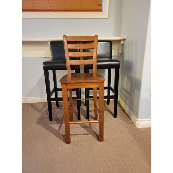 Bar Chair Collection - 2 Mahogany & PU Leather w/ A Single Solid Oak Stool w/ Backrest 31T