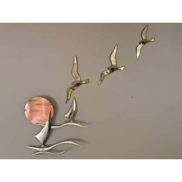Brass & Copper Birds & Sailboat Sculpture Decor 