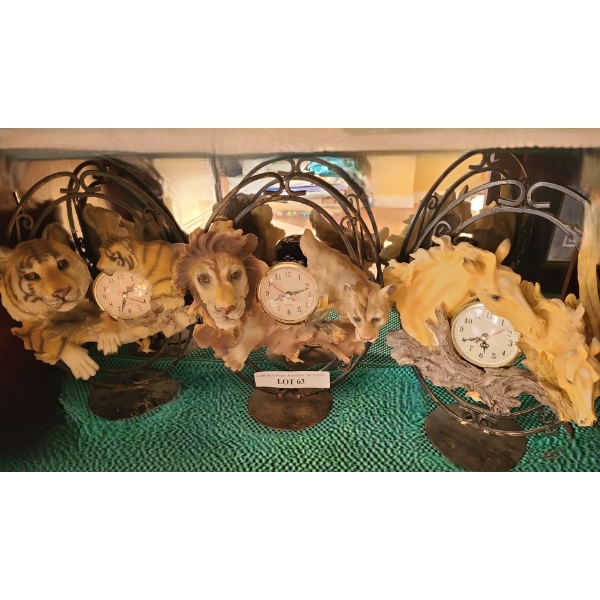 Set of 3 Decorative Quartz Clocks: Horses, Tigers, Lions
