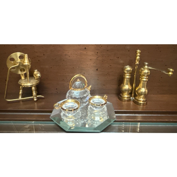 Mini Cut Crystal Tea Set w/ Brass Spinning Jenny & Spice Grinder 2"Tall