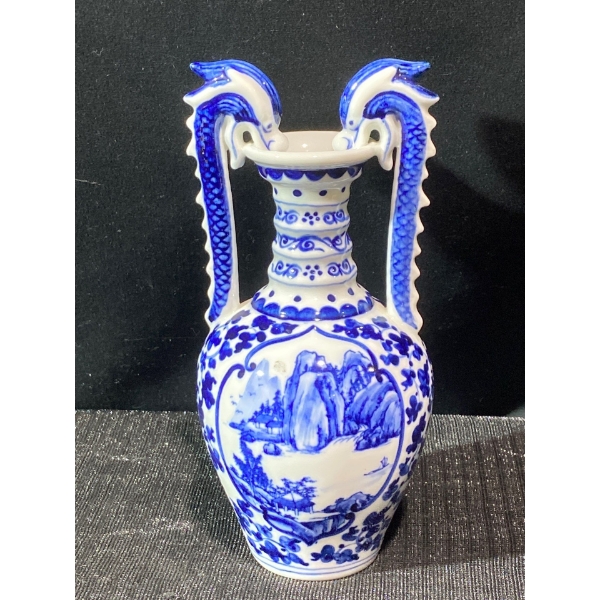 Yongzen Blue and White Dragon Handle Porcelain Vase