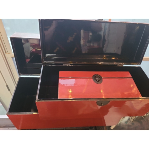 Set of 3 Red Lacquered Storage Boxes- Largest 26 L, 12 T, 10 W