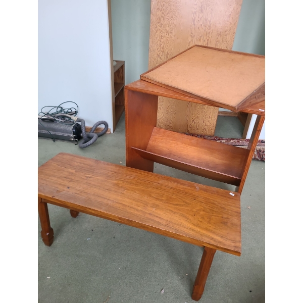 Group of 3 Wooden Decor Items: Bench 40 L, 18 T, 14 W ( Legs Need Repairs) Shelf 33 T, 28 L, 17 W