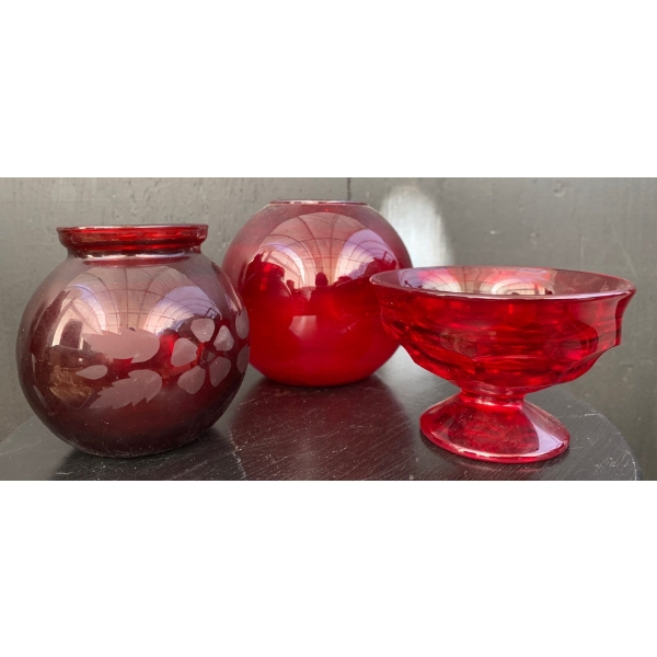 Cranberry Glass Viking Dessert Dish, Anchor Hocking Ruby Red Vase & Ruby Red Vase 