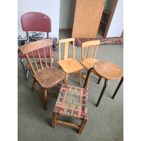 Group of 4 Mini-chairs, 1 Wooden Footstool, and 1 Metal Framed Chair with Vinyl Seat