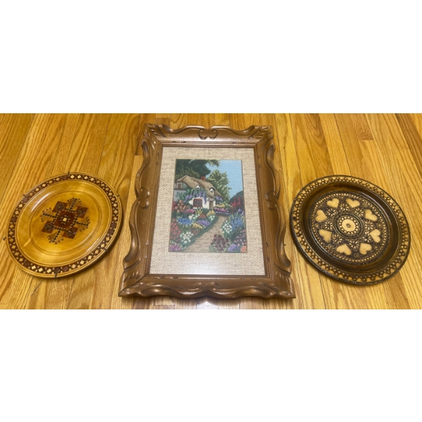 Two Polish Wall Plates & One Beautifully Framed Needle Point Embroidered Picture  15" x 22"tall