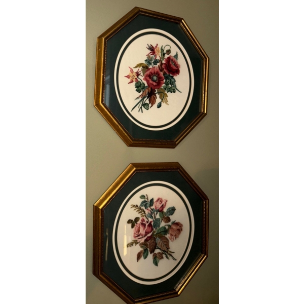 Octagonal Gold Frame Floral Needlepoint Art (x2) 12T