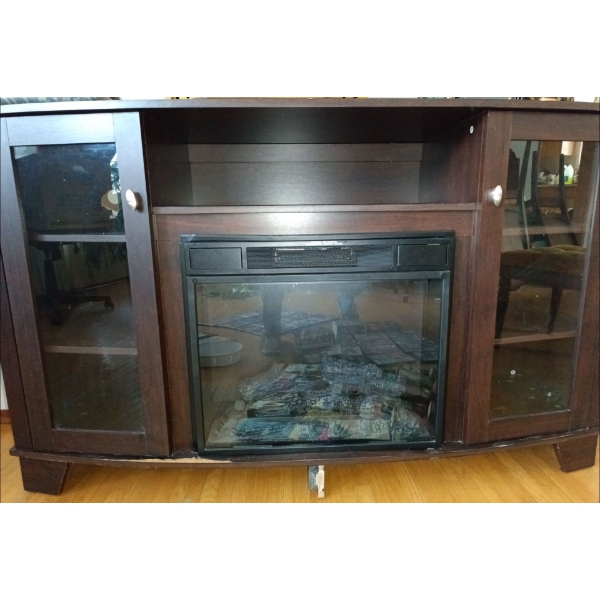 Elegant Wooden Cabinet w/ Built in Fire Place  Glass Doors (Damage on Bottom Corner) 60w x 20d x 35t