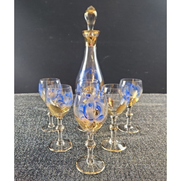 Hand Painted Czech Glass Decanter and 6 Glasses with Gold Trim
