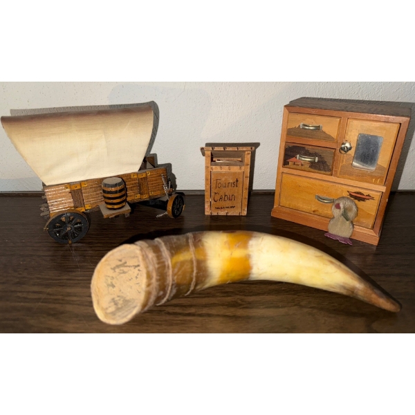 Ankole-Watusi Steer Horn 6L w/ Miniature Antique Wagon & More Minis 