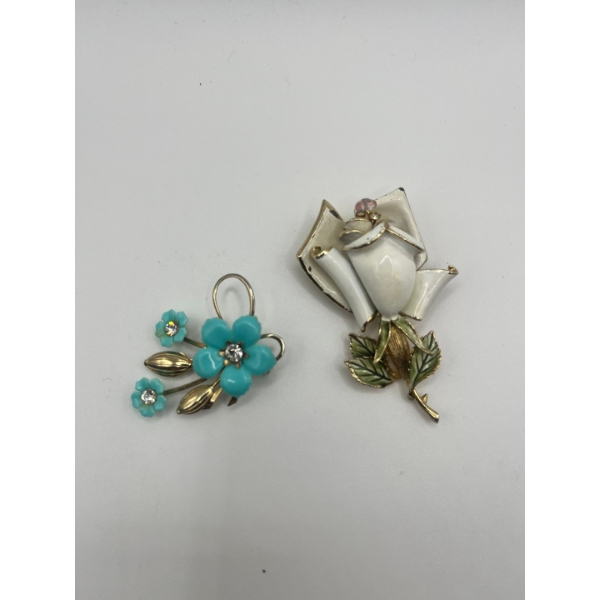 Vintage Coro Signed White Enamel Rhinestone Flower Rose Brooch Pin, Plus A Vintage Turquoise Enamel 