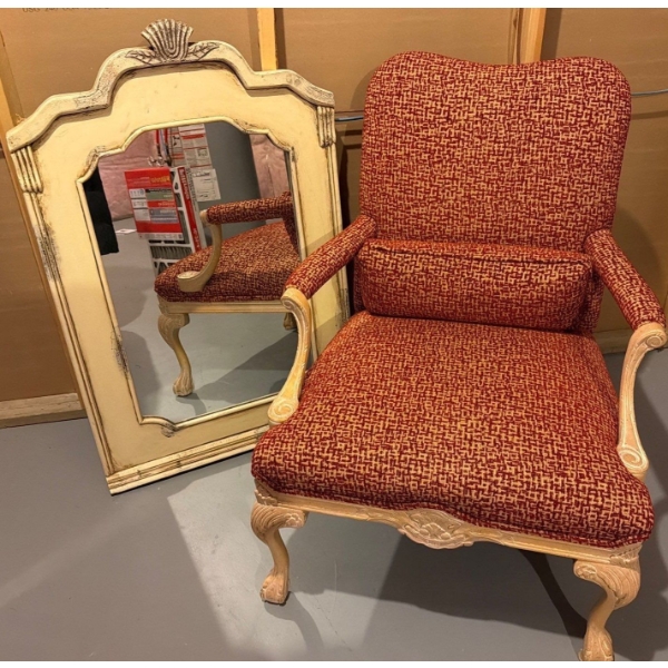 Vintage French Country Louis XV Style Armchair & Rustic Decorative Mirror Bundle