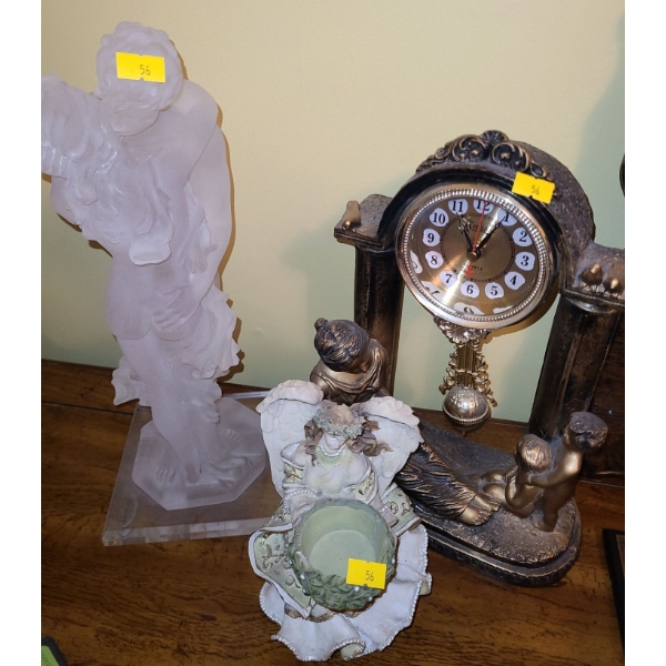  Frosted Resin Embrace Statue 15 T, Crosa Quartz Clock 12 T, Angel Figurine 