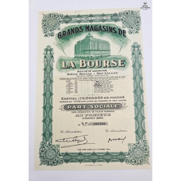 Historical Share Certificate For The "Grands Magasins De La Bourse,"